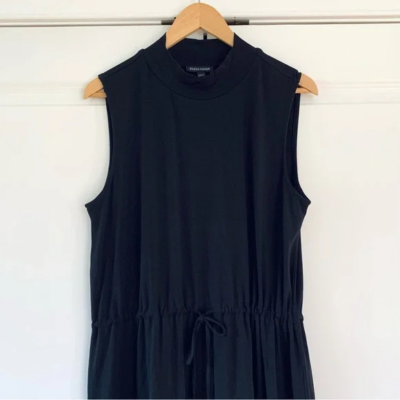 Eileen Fisher Shift Dress Mock Neck Drawstring Jersey Black Sleeveless Size L